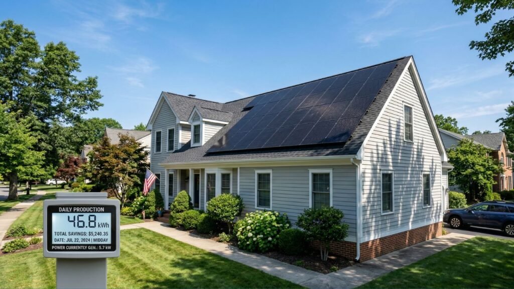 A black solar panels installed on the south-facing roof of a suburban American home