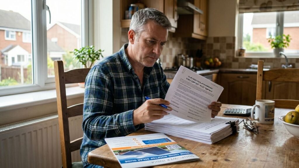 A concerned homeowner sitting at a table reviewing a stack of solar panel contract documents