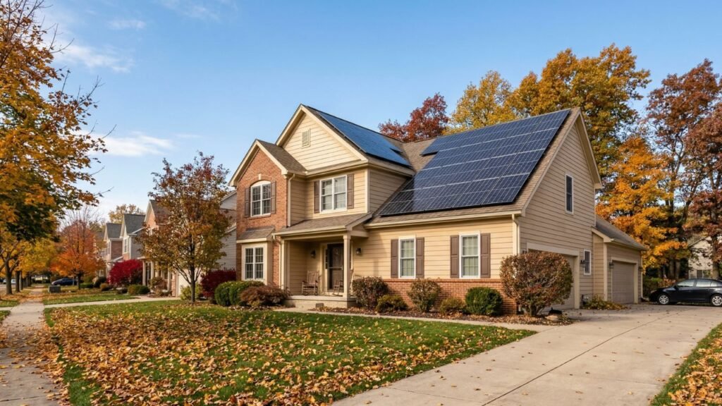 A cozy two-story home in a Michigan suburb with dark solar panels neatly arrayed on the south-facing roof