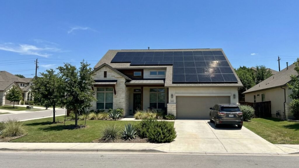 A daytime photo of a modern single-family home in a Texas suburb, featuring sleek black solar panels covering most of the south-facing roof