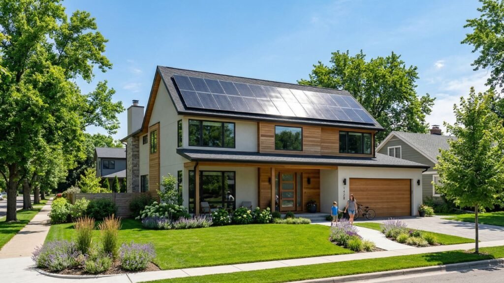 A modern suburban family home with sleek black solar panels installed