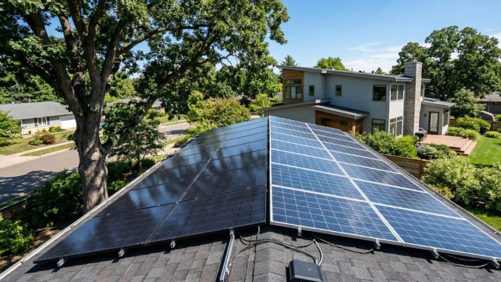 A residential rooftop solar array with one section partially shaded by a large oak tree on a sunny afternoon