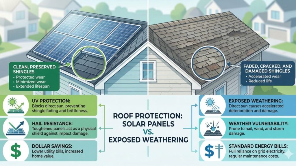 A side-by-side comparison infographic showing a roof section with solar panels installed versus an exposed roof area