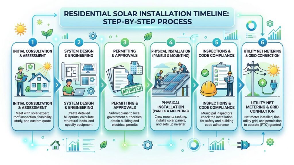 A step-by-step infographic diagram illustrating the residential solar installation timeline