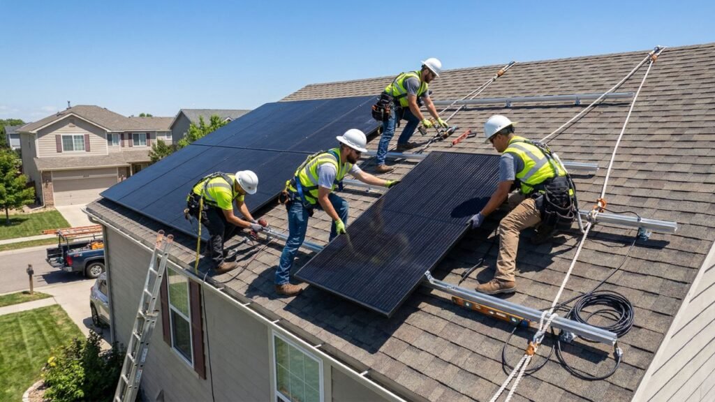 A team of professional solar installers carefully mounting high-efficiency solar panels on a sloped residential rooftop