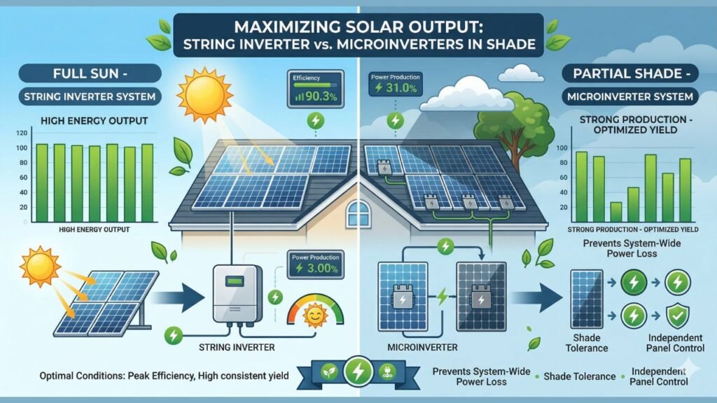 Infographic showing solar panel output charts, one under full sun and another under partial shade
