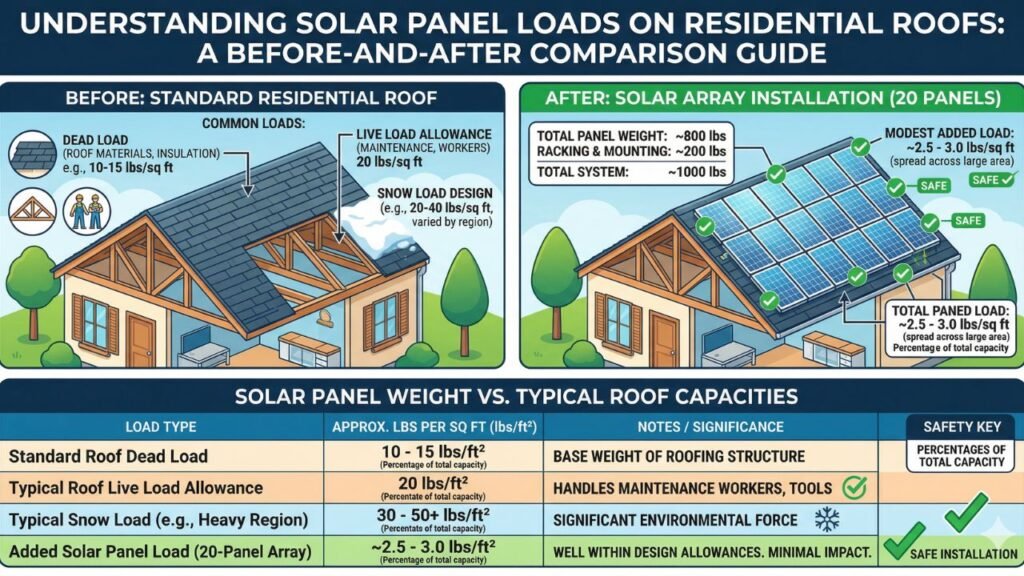 Infographic-style diagram comparing solar panel weight loads on a residential roof