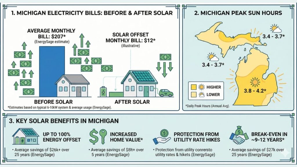 Infographic with bar graphs comparing Michigan electricity bills before and after solar