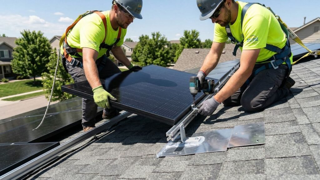 Professional installers carefully mounting black solar panels on a well-maintained asphalt shingle roof of a suburban home