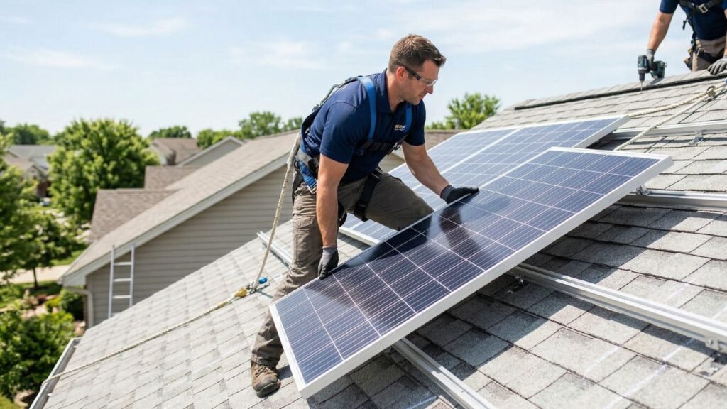 a professional installer carefully lifting a standard residential solar panel