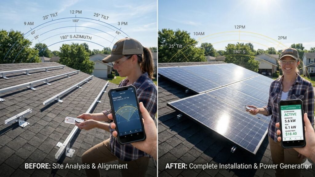 A before-and-after split photo showing a homeowner using a smartphone app and compass on a rooftop solar panel array