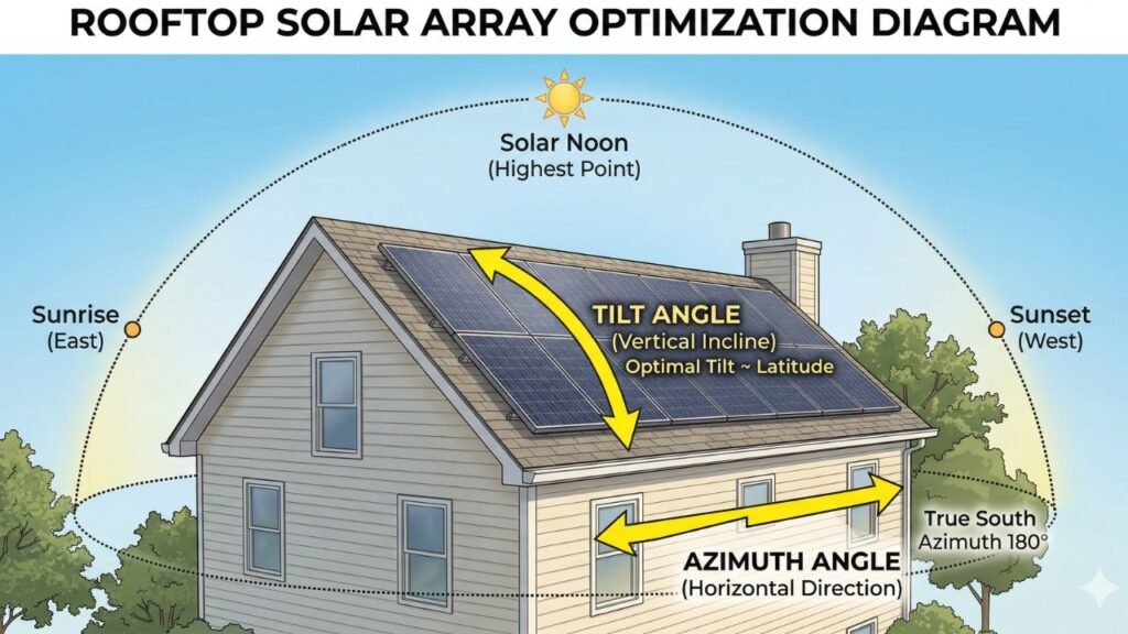 A diagram of a residential rooftop solar array with bright yellow arrows labeling the azimuth angle and tilt angle