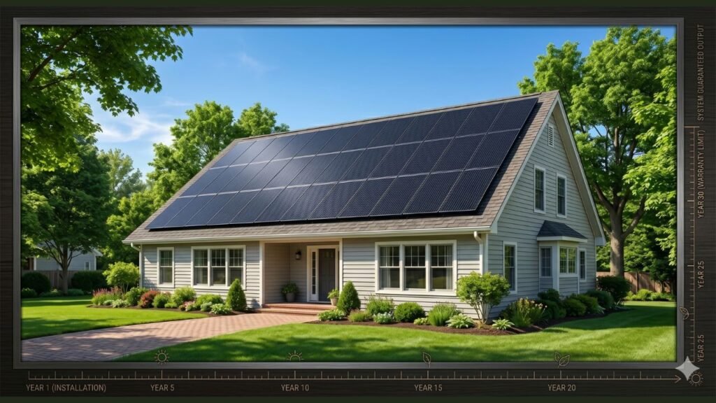 a sunny suburban American home with premium black solar panels neatly arranged on a sloped asphalt roof