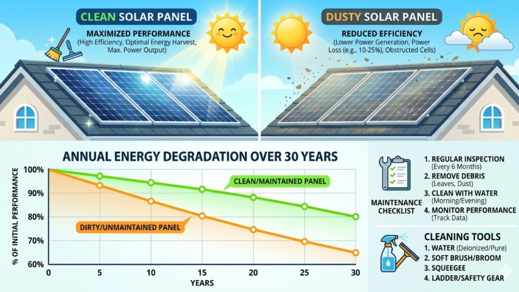 infographic-style image showing a side-by-side comparison of a clean solar panel versus one lightly dusted with debris